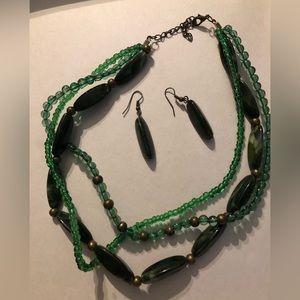 Green beaded necklace and earring set